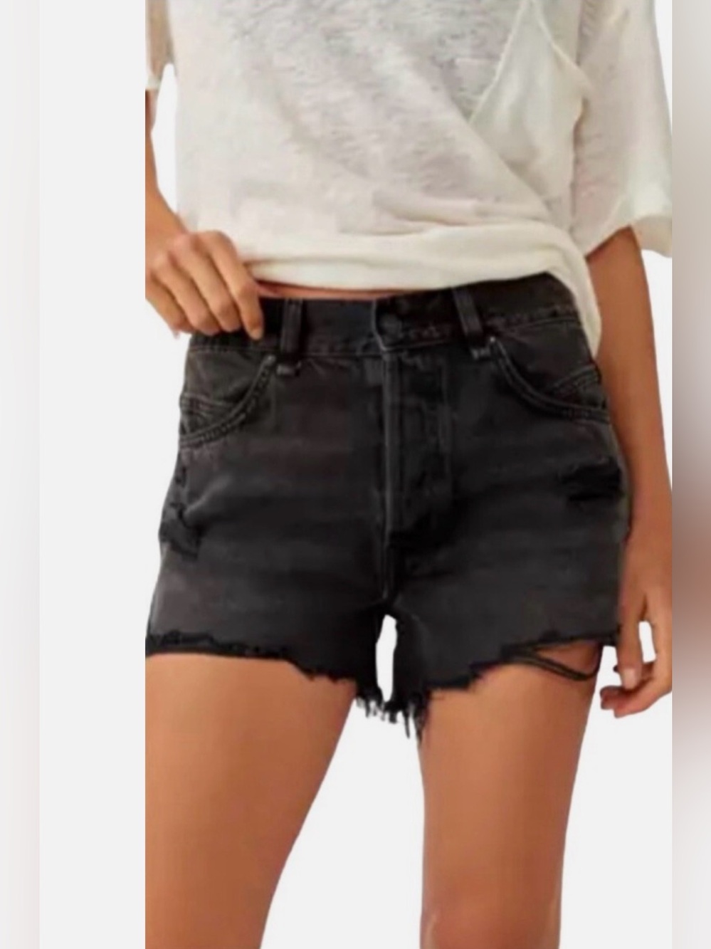 Free People Black Distressed Destroyed Rip Denim Shorts